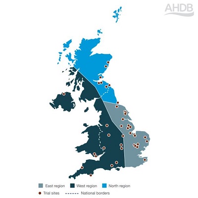 A UK map showing the three RL winter wheat regions and locations of fungicide-treated yield trials